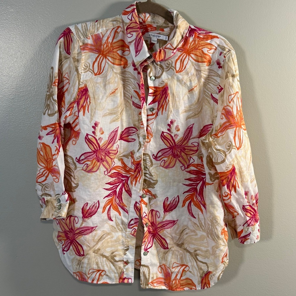 Chico's Linen Tropical Floral Button Down Shirt Orange Pink White Size 15 US 10